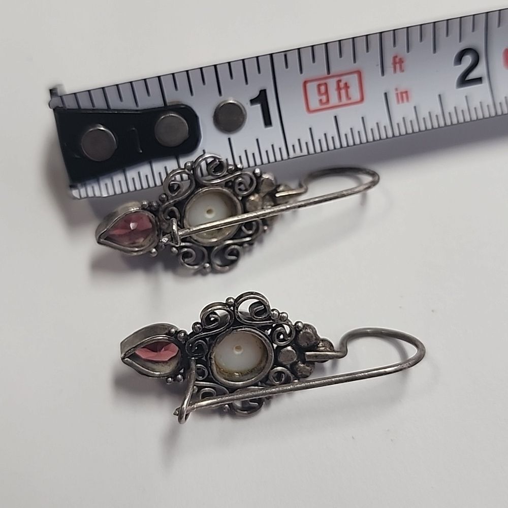 Sterling Silver Garnet Pearl French Hook Earrings 925 - Picture 4 of 4